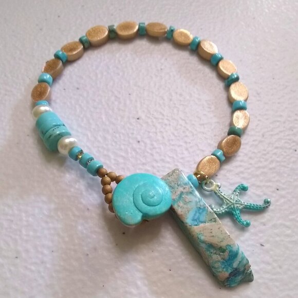 Coastal Cowgirl! Sea Sediment Jasper + Starfish + Shell Beaded Loop Bracelet - Picture 4 of 11